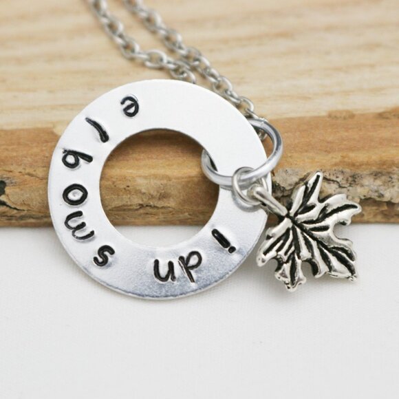 Elbows Up! Maple Leaf Hand Stamped Pendant Necklace - Handmade & Hypoallergenic - Picture 7 of 13